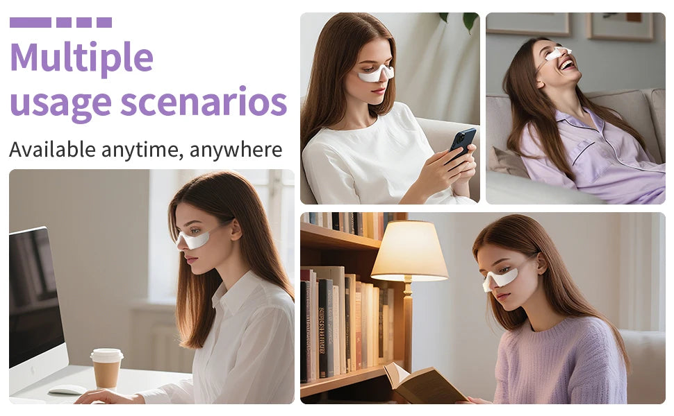 Collage of woman using red LED light therapy glasses.