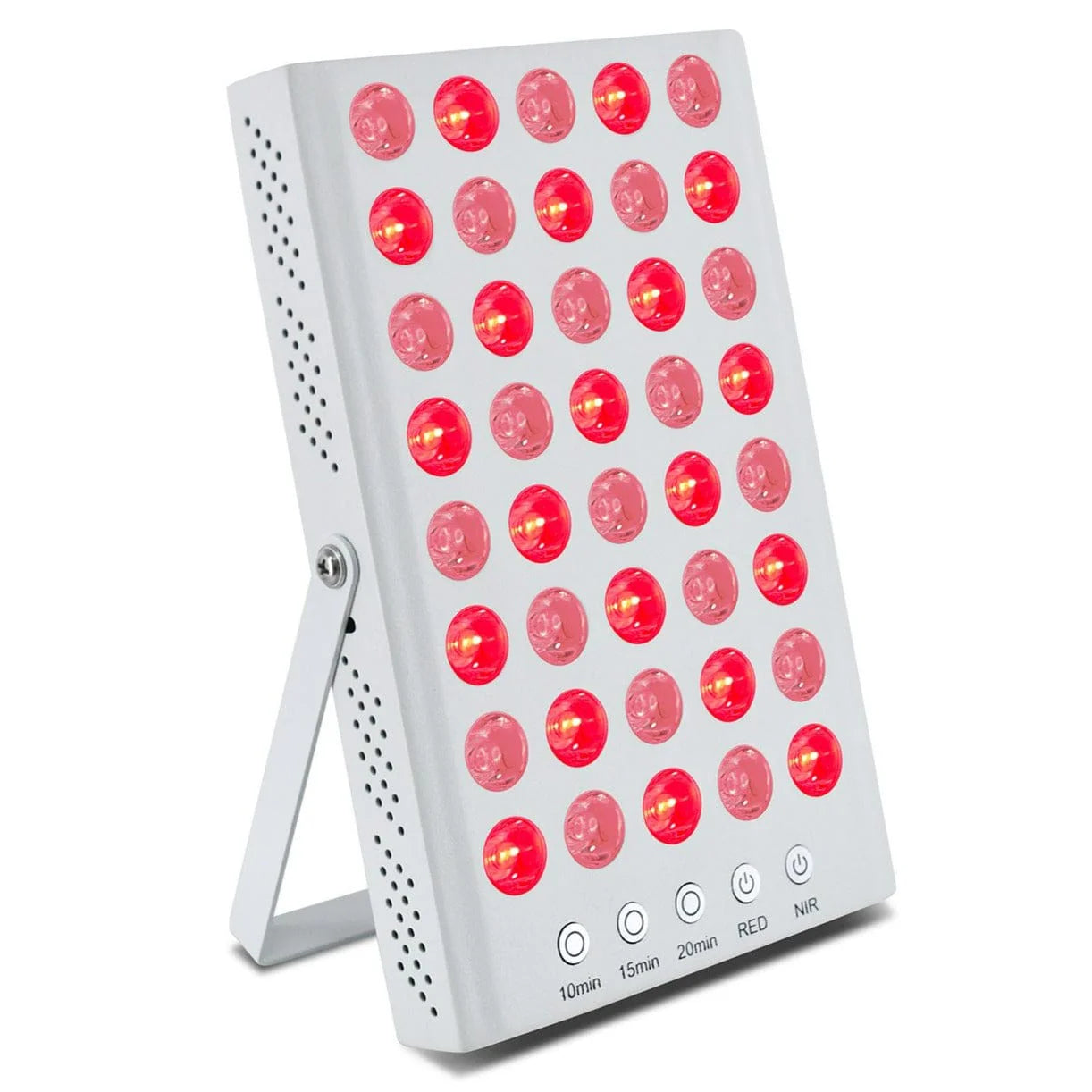 Red LED light therapy compact bedside panel on a white background