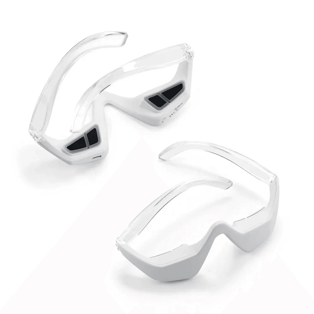 Red LED light therapy eye glasses on white background